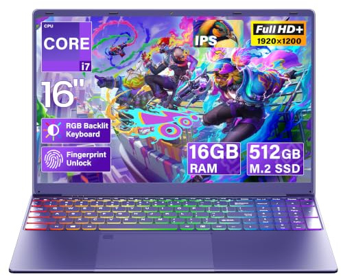 Svikou 16 Purple Laptop Computer for Students & Business Professionals | 512GB NVMe SSD 12GB LPDDR5 RAM, N95 3.4GHz, 1920x1200 FHD IPS, RGB Backlit Keyboard & Fingerprint, 180° Hinge, Win 11 Pro