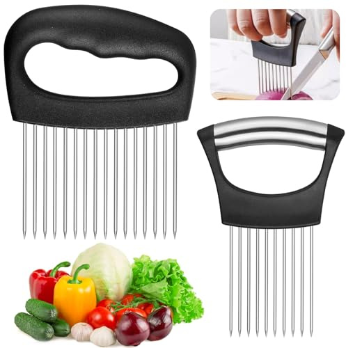 WENXINWIN 2pcs Onion Holder for Slicing, Stainless Steel Onion Slicer | Multifunctional Veggie Slicer for Potato, Tomato, Lemon, Avocado, Egg, Onion. Non-Slip Meat Tenderizer & Cutter