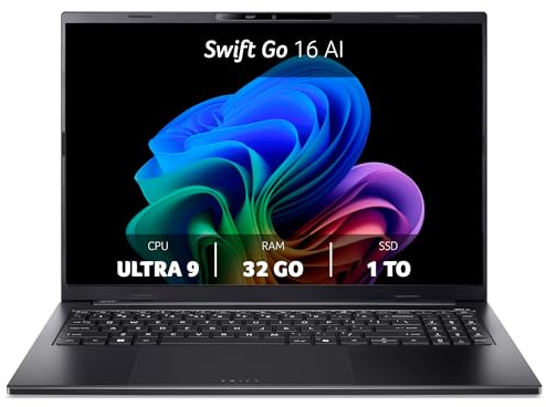 Acer Swift Go 16 AI OLED | PC Portable Copilot+ | Core Ultra 9 | 32Go/1To | 16 OLED 2K 120Hz | Core Ultra 9 288V | Arc 140V | 32Go RAM | SSD 1To | Windows 11 Home | AZERTY rétroéclairé