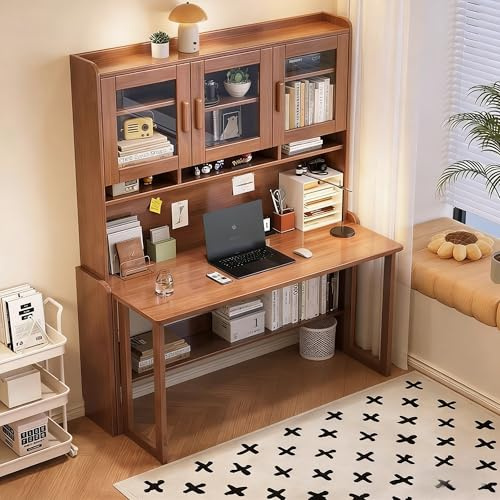 FUKEFUZ Computertisch Klappbar mit Regalwand, Massivholz Schreibtisch für Home Office, Platzsparender Arbeitstisch mit Schranktisch und Fußleistenaussparung, Stabil PC Tisch(Walnut,48IN)
