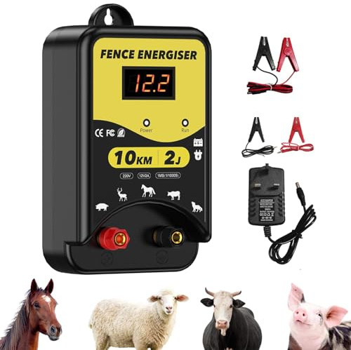 Electric Fence Energiser 12 Volt Battery Powered, 2J- Connectors - 10Km Range, IPX5 Waterproof with LED Display, Weatherproof For Horses and Other Animals