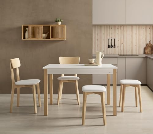 V VELASCO Mesa de Cocina Fija Nadia (2-4 Comensales) | Mesa de Comedor Pequeña Rectangular de 100x60x75 cm | Encimera de Madera Laminada Blanca y Patas de Madera de Haya Natural Estilo Nórdico.