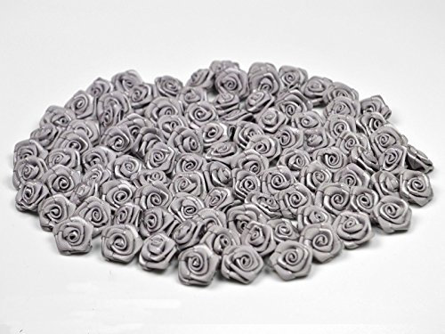 Rosen 15 mm x 100 Stück Satinrosen Aufnäher Deko Blumen Röschen zum Basteln Haarschmuck kleine Rosenköpfe Silber 012