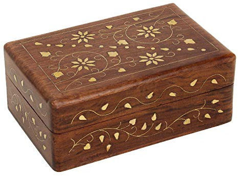 Ajuny Hand Crafted hölzerne dekorative Trinket Schmuckkasten mit Mughal inspiriert floralen Schnitzereien Design mit Messing Inlay Zentrum Blume Schatztruhe Andenken Boxen Aufbewahrungs organisator