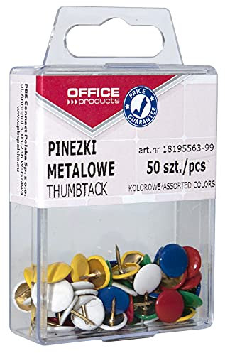 OFFICE PRODUCTS 18195563-99 Metallene Reißnägel Rund / 50 Stück/Kunststoffummanteltes Metall/Farbig sortiert/in der Packung/in Hängebox/für Büro oder DIY/Reißzwecken