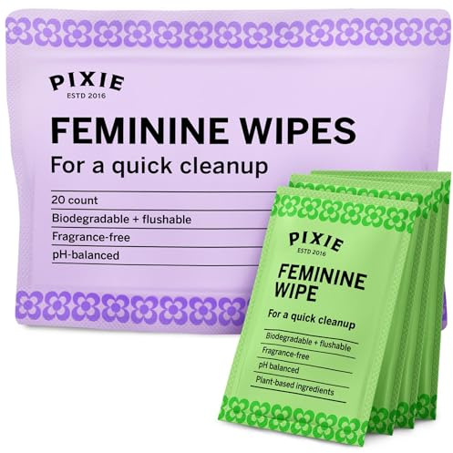 Pixie Feminine Wipes - Flushable, Biodegradable, & Ph Balanced - Individually Wrapped Packet Wipes for On The Go & Public Bathrooms - Wash & Cleaner For Your Menstrual Cups & Discs (1 Pack of 20)