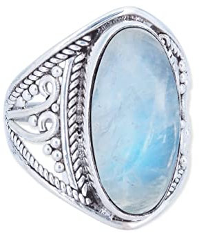 mantraroma Ring Damen Silber 925 Regenbogen Mondstein Edelstein weiß ausgefallen verspielt