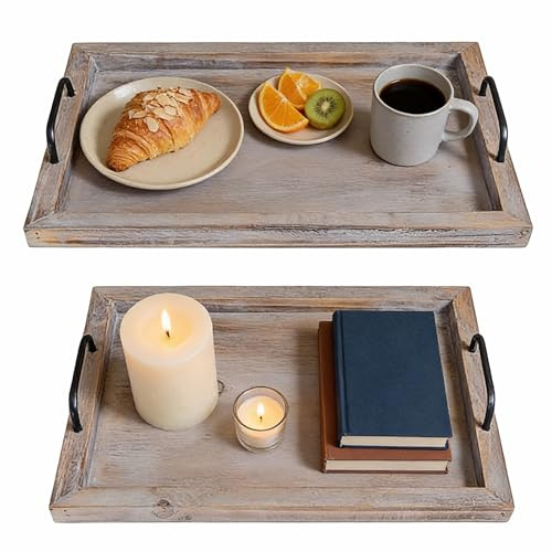 Besti Bandejas rústicas Vintage para Servir Alimentos (Juego de 2) | Tablero de Madera anidable con Asas de Metal | Elegante decoración de Granja Platos para Servir | Grande: 15 x 2 x 11 Pulgadas -
