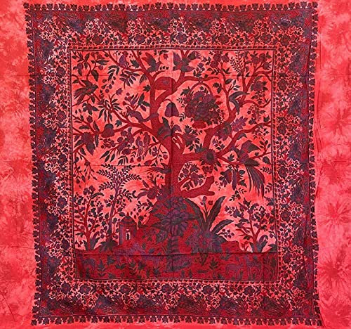 Telo Copritutto Grande Albero Della Vita Multi Color 100% Cotone Indiano Stampato 210x240 cm (Rosso)