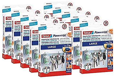 tesa Powerstrips Large/Doppelseitige Klebestreifen zur Montage von Gegenständen bis 2kg - Wieder ablösbar 10 Strips (10 Packungen, Large)