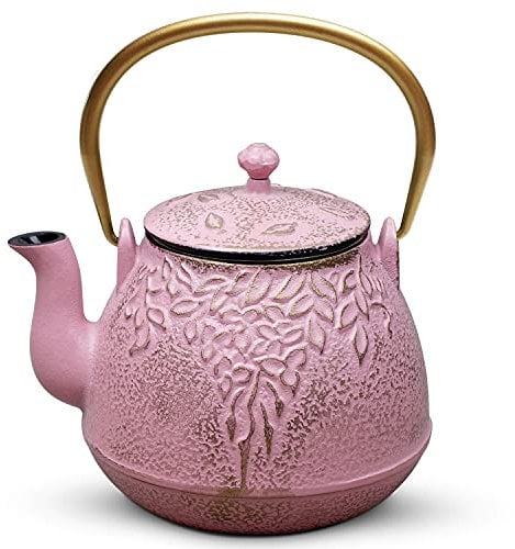 Cast Iron Teapot, TOPTIER Japanese Cast Iron Teapot with Infuser, Cast Iron Tea Kettle Stovetop Safe, Leaf Design Tea Kettle Coated with Enameled Interior for 32 Ounce (950 ml), Blush Pink
