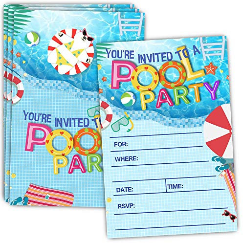 ukebobo 30 Pool Party Invitations with Envelopes - Double Sided - Birthday Invitations for Boys or Girls - Birthday Pool Party Supplies - Family BBQ Cookout Fill in Invites