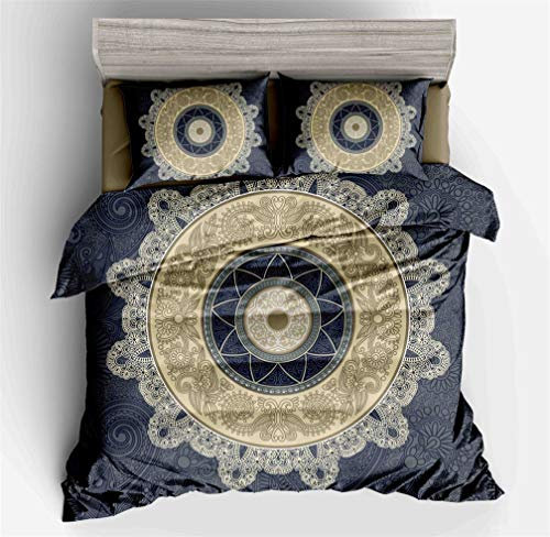 HNHDDZ Bettbezug Mandala Elefant Bettwäscheset Indien Böhmen Exotisch National Stil Retro Schwarz Marine Blau Bettbezug und Kissenbezug (Mandala 1, Bettbezug 200x200 cm + 2 Kissenbezug 80x80 cm)