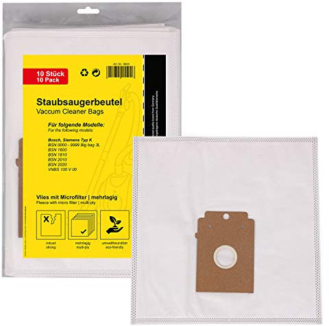 PATONA 10x Sacs pour Aspirateur Compatible avec Bosch/Siemens Typ K, BSN 1600, 1810, 2010, 2020, BSN 0001-9999 Big Bag 3L