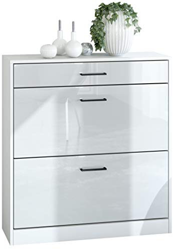 Vladon Armoire à Chaussures inclinable Elvas 89 x 95,5 x 27 cm, Caisson en Blanc Mat, façade en Blanc laqué Haute Brillance