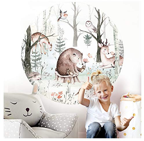 Little Deco Wandsticker Kinderzimmer Wandtattoo Tiere Bär Reh 120 cm rund Wanddeko Spielzimmer Sticker Kinder Wandaufkleber Wandbild selbstklebend Baum DL562