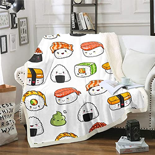 Sushi Muster Wohndecke Flanell Fleecedecke im japanischen Stil für Couch Reise Sofa Jugendliche Essen Thema Kuscheldecke Niedliche Karikatur japanische Sushi Decke 150x200cm Raumdekor Klimaanlage
