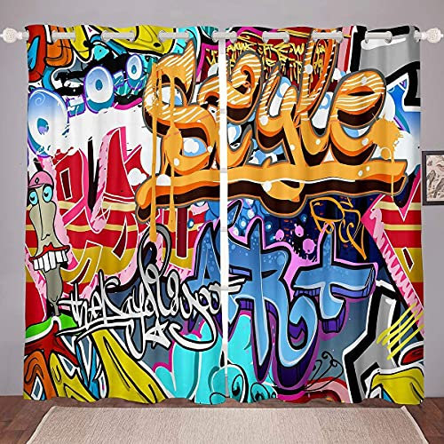 Hippie Graffiti Fenstervorhang 245x140cm Bunte Graffiti Kunstdruck Vorhänge für Schlafzimmer Wohnzimmer für Kinder Jungen Jugendliche Hip Hop Blickdichte Vorhänge Straße Hipster 2 Paneele