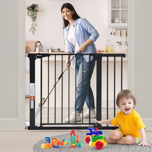 COMOMY Treppenschutzgitter Ohne Bohren, 75-103cm Türschutzgitter, Schwarz | Türgitter für Babys, Kinder und Hunde, mit 7cm und 14cm Verlängerung, Selbstschließend Mit 90° Stop, 76cm Hoch