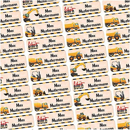60 Stück personalisierte Namensaufkleber für Schulsache. Für Kinder Schule und Kindergarten zum Markieren von Gegenständen (Baufahrzeuge) Maße 4,8x1,6cm