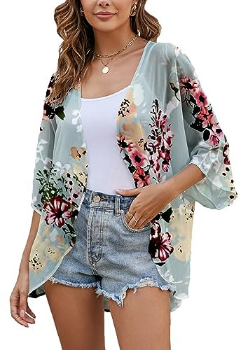 Heynino Damen Florale Chiffon Kimono Strickjacken 3/4 Hülse Strand Cover up Capes Schiere lose Bluse Tops Grün XL