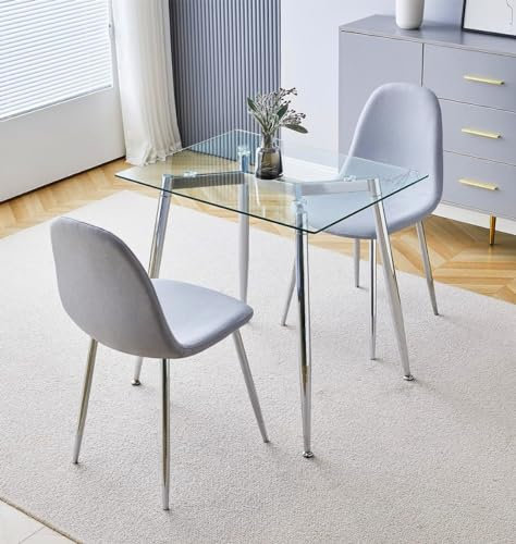 Hallowood Furniture Cullompton,Juego de 2 mesas de comedor rectangulares de cristal y sillas de tela con patas de metal cromado, mesa de cocina y 2 sillas para el hogar, pub, oficina y café