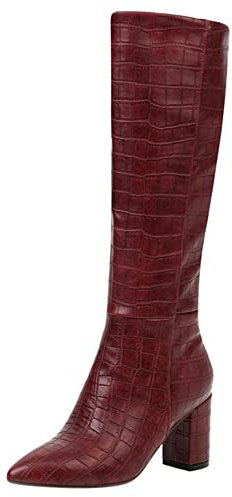 Lroey Reoly Stivali da Donna a Metà Polpaccio con Tacco a Blocco, Stivali da Vestito Tacco Alto Appuntito Boots Senza Chiusura Crocodile 209 Vino Rosso Numero 42 EU