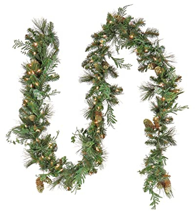 National Tree Company 9 ft Pre-Lit Artificial North Conway Christmas Garland, Christmas Decoration with Glittery Edged Pinecones, Glittery Eucalyptus, 100 Warm White LED Lights, Timer