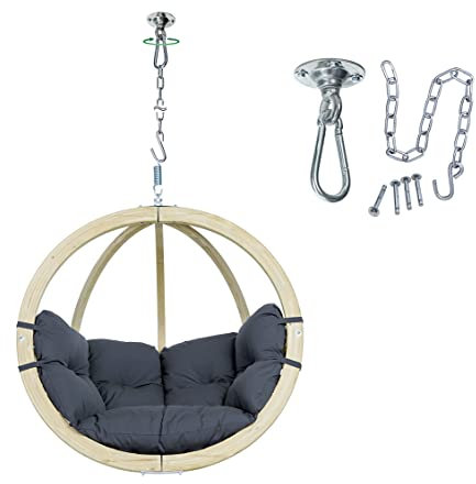 AMAZONAS Globo Chair Set - FSC-zertifizierter Premium Hängesessel mit Wetterfestem Kissen & Power Hook Deckenhaken | In- und Outdoor | Belastbar bis 120 kg (Anthracite)