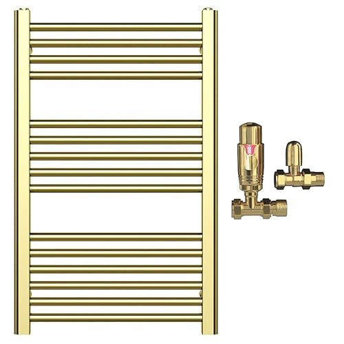 500mm Wide Shiny Gold Heated Bathroom Towel Rail Radiator With Valves For Central Heating UK (With TRV Valves, 500 x 800 mm (h))