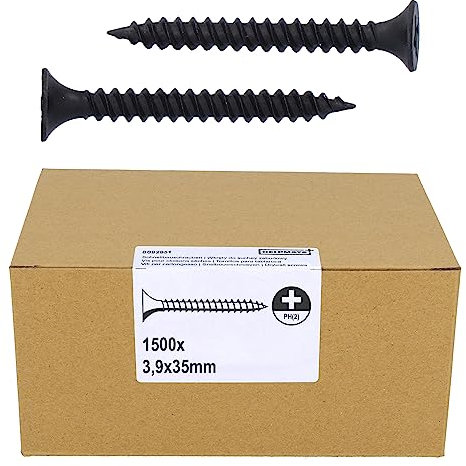 HELPMATE Schnellbauschraube 3,9x 35 mm Phosphatiert PH2 1500 Stück Feingewinde Trockenbauschrauben, Rigips Schrauben, Gipskartonschraube, Trompetenkopf, U-Profile, Kreuzschlitz
