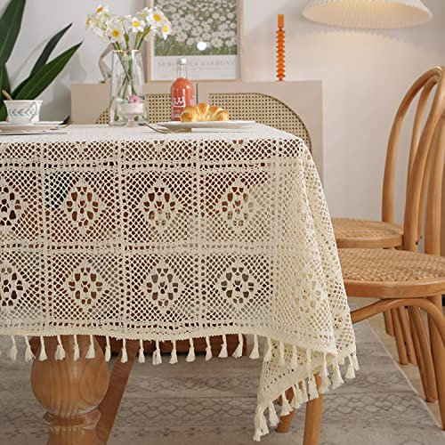 Freyamy Tischdecke Handarbeit Gehäkelte Aushöhlen Kariert Tischdecken mit Quaste Baumwolle Leinen Tischwäsche Vintage Häkelspitze Tischtuch Tischbedeckung Tischdekoration (140x250cm)