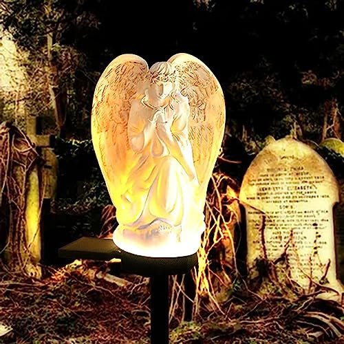 EHOTER Statue d'ange de jardin solaire - Décoration de jardin - Figurines de jardin - Cadeau pour maman, grand-mère - Ornements pour tombe - Pierres commémoratives