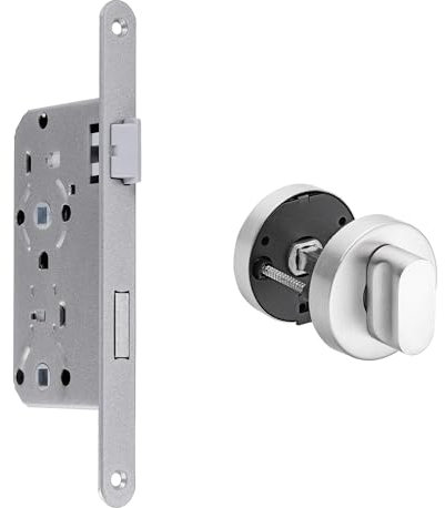 Einsteckschloss für Zimmertüren Dornmaß 55 mm Stulp 20 mm, silber (DIN-Links, WC inkl. WC-Rosette)