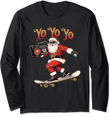 Yo-Yo-Yo Hip Hop Santa Claus Skateboarding Boombox Christmas Long Sleeve T-Shirt