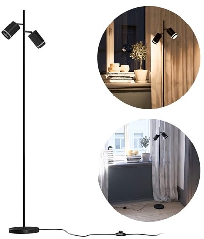 linovum TAVIRA Stehlampe Wohnzimmer Deckenfluter Leselampe schwarz 2-flammig - Standleuchte modern mit schwenkbaren Köpfen, Fußschalter und 2x GU10 Fassungen