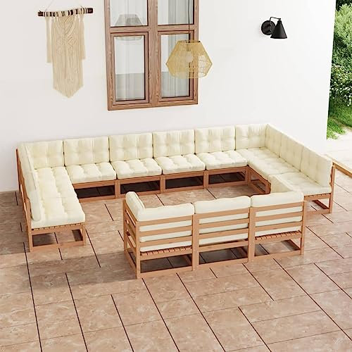 MNISDFL Gartenlounge Biertischgarnitur Terrassenmöbel 13-TLG. Garten-Lounge-Set Kissen Honigbraun Kiefer Massivholz