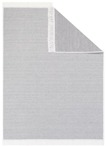 TAPISO Azteca Teppich Kurzflor Baumwolle Beidseitig Anwendbar Creme Grau mit Fransen Waschbar Wohnzimmer Schlafzimmer Waschmaschinenfest Küche ÖKOTEX 80 x 300 cm