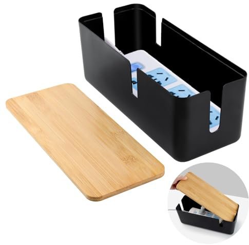 VFANDV Caja de Almacenamiento para Cables con Tapa de Bambú, Caja Organizadora para Ocultar Cables Organiza el Cableado del Ordenador y los Cables Sueltos (Negro)