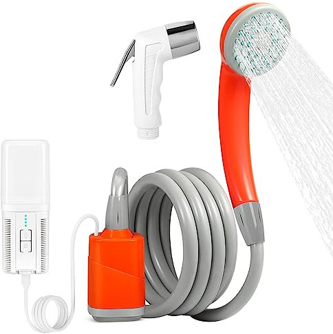 SPACEREST Doccia portatile, doccia da campeggio con batteria ricaricabile da 4400 mAh, doccia portatile per campeggio, soffione elettrico esterno con luce da campeggio a LED, pompa doccia per