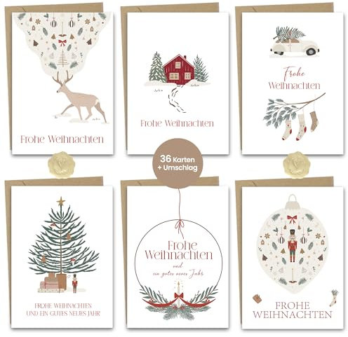 Weihnachtskarten mit Umschlägen Set, 36 Weihnachtskarten A6 Postkarten für Weihnachten, Kleine Weihnachtskarten für Familie Freunde Kinder Grußkarten Weihnachten Geschenke Aquarell Weihnachtspostkarte