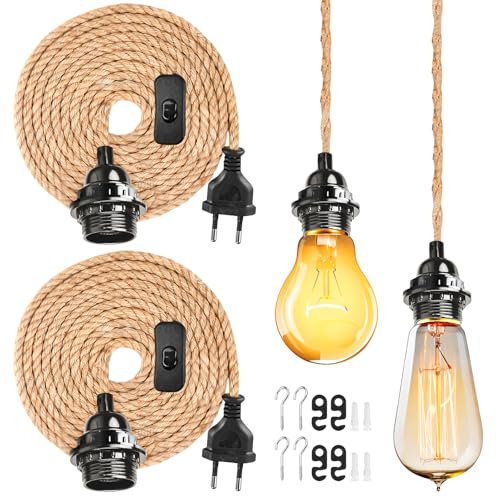 2 portalámparas E27 con cable, casquillo E27 trenzado de 4,5 m con cable, lámpara colgante vintage, portalámparas con interruptor, cable de cáñamo, para comedores, granjas, casa loft, sin bombilla