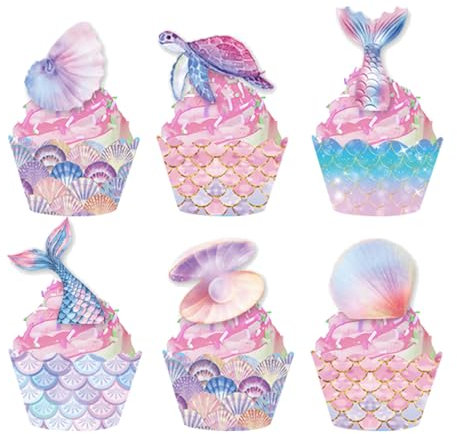 48 Stück Mermaid Cake Toppers, Kinder Frauen Geburtstag Deko Birthday Party Kuchen Dekoration, Ocean Theme Meerjungfrau Thema Party Dekoration Geburtstag Deko für Cupcake Toppers