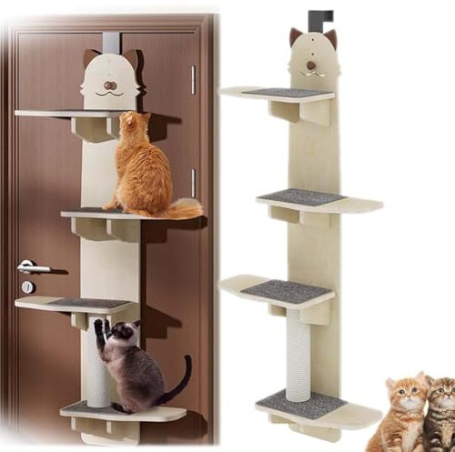 Door Hanging Cat Shelf, Over Door Shelves Ladder, Over The door cat Climber, Multi-Level Door Hanging Cat Tree with Shelves, Climber Tower, Pet Jump Shelf, Door Mounted Cats Climber (A)