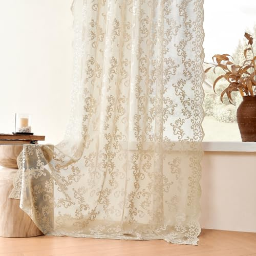 Tende in pizzo beige, lunghe 260 cm, 2 pannelli, stile vintage, motivo cachemire, tende in pizzo trasparente per soggiorno, camera da letto, tasca per asta, filtraggio della luce, grandi finestre