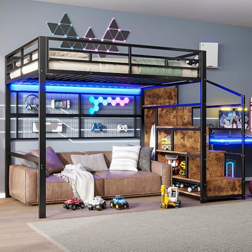 Dolamaní Hochbett Erwachsene 140x200 cm Metall Bettrahmen, Metallbett mit LED Leuchten, Stauraum Treppe Sicherheit, Gitter zum Aufhängen von Gegenständen,Tragkraft 150kg (Schwarz)