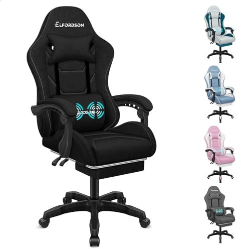 ELFORDSON Gaming Chair with 2-Point Massage Lumbar Support, High Back Reclining Computer PC Game Chair with Headrest & Footrest, 360° Swivel Office Racing Chair, Fabric Black, for Playroom Esports