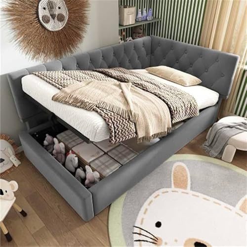 BTM Daybed, Upholstered Single Bed with Storage, 3FT-90x190cm Single Sofa Bed with Hydraulic Storage and Metal Bed Frame, Velvet, Grey (No Mattress)