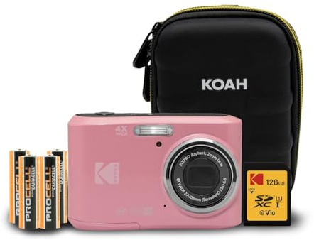 Kodak PIXPRO FZ45 - Fotocamera digitale Full HD da 16 MP e 1080p, con scheda SD da 128 GB, custodia compatta per fotocamera e 4 batterie AA extra (4 articoli)
