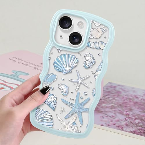 xoniery Cute Case for iPhone 15, Curly Wavy Girly Beach Ocean Seashell Conch Starfish Summer Pretty Phone Case, Soft Wave Clear Slim TPU Shockproof Anti-scratch Cover for Girl/Women/Men - Blue